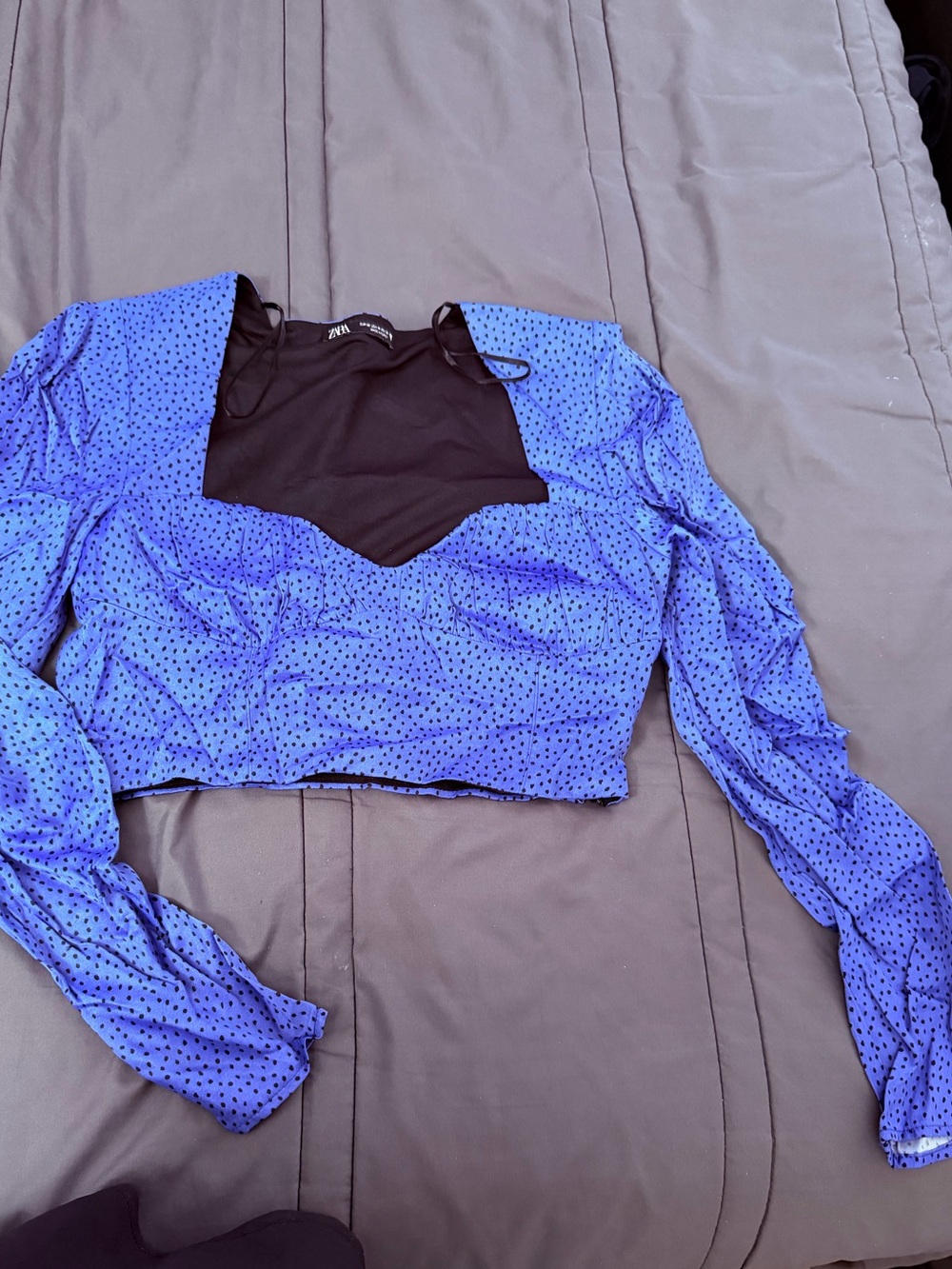 Zara Blue Polka Dot Long-Sleeve Crop Top with Black Mesh Yoke